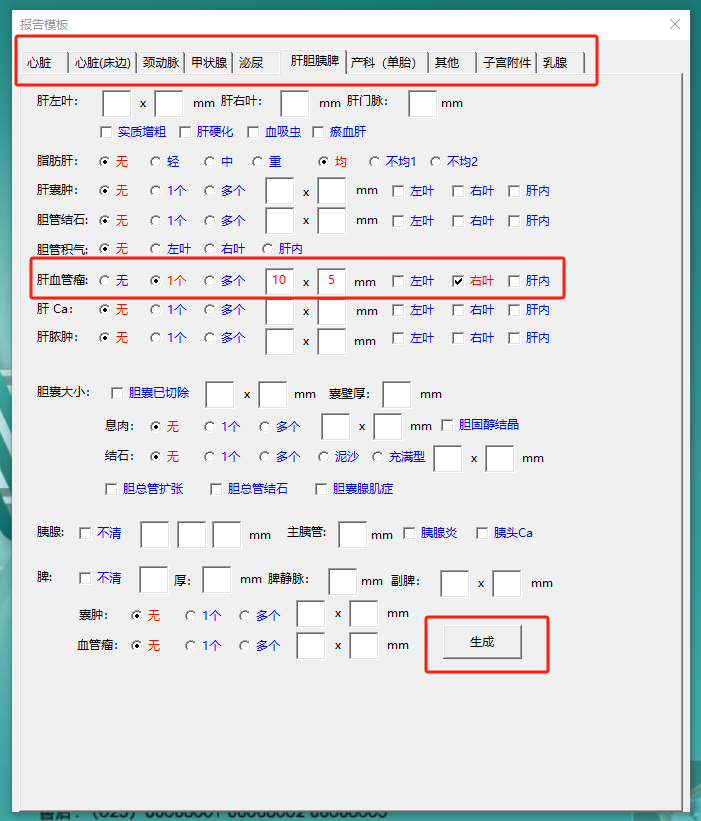 Ultrasound report generation software screenshot