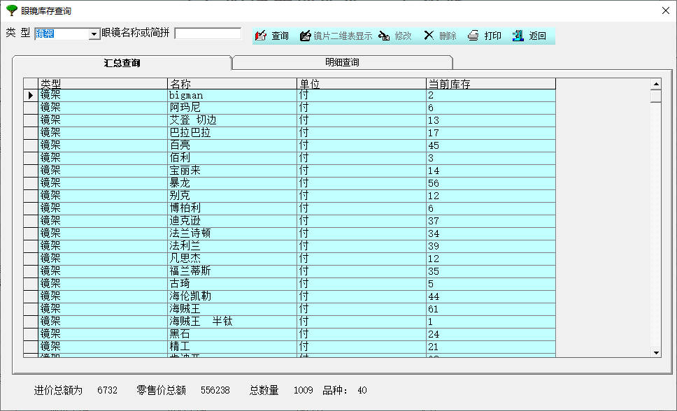 Screenshot of Tianyuan optical store sales management system