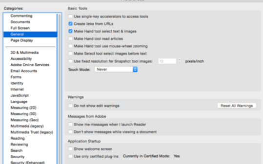 Screenshot of how to turn off the click-to-enlarge function in Adobe Reader XI