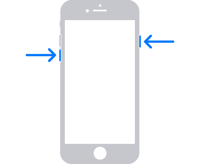 iPhone related image with arrows pointing to the side button and the volume down button.