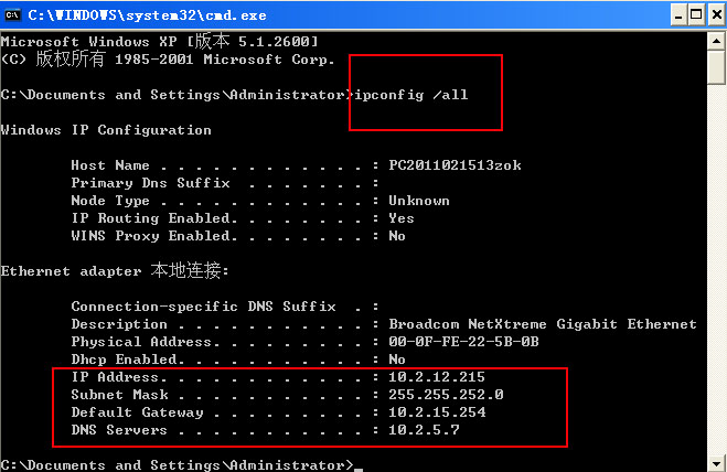 Screenshot of local IP address query