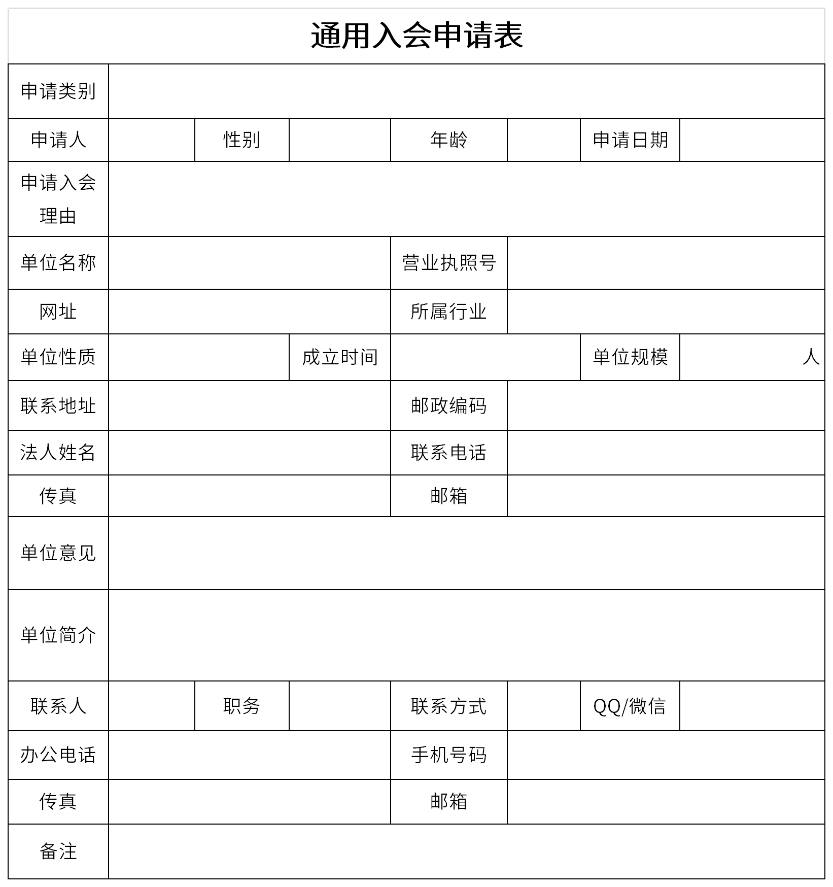 Screenshot of universal membership application form