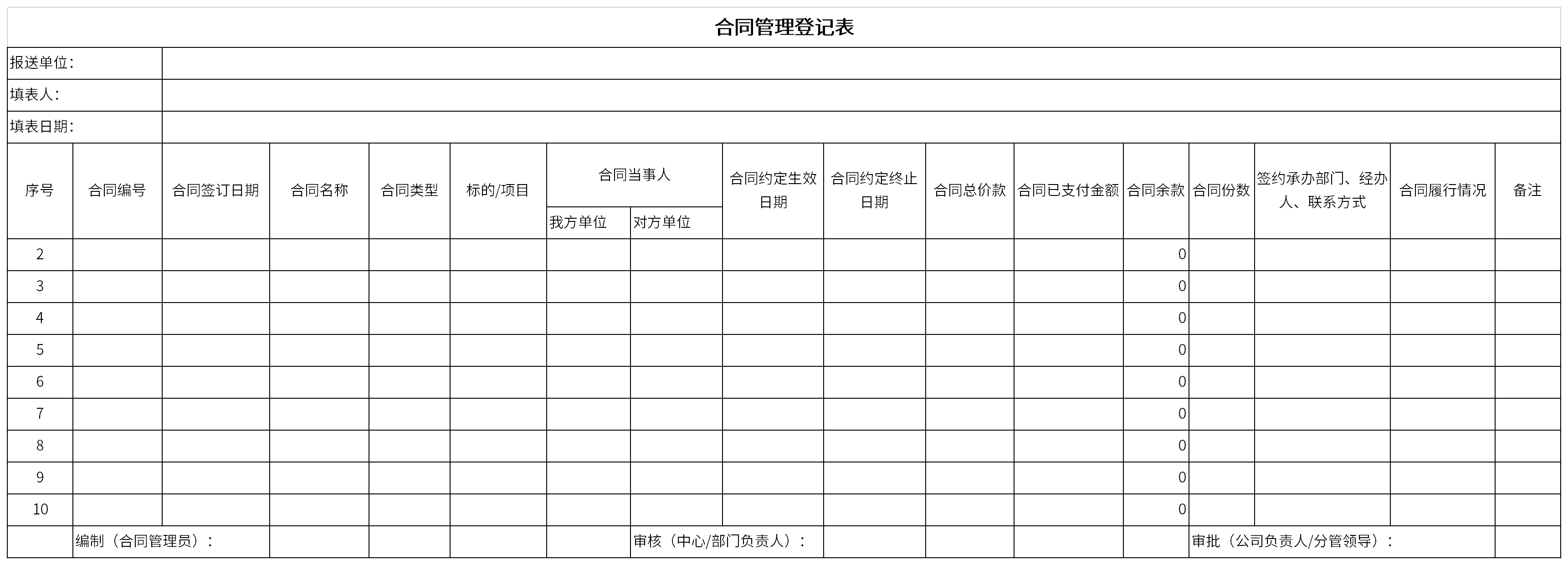 Screenshot of contract management registration form