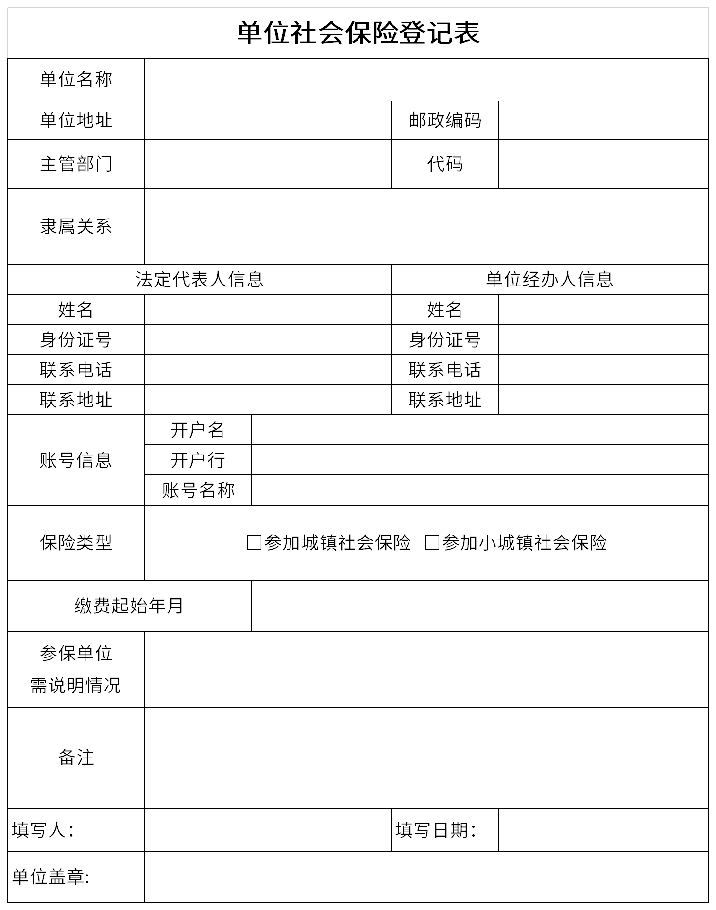 Screenshot of unit social insurance registration form