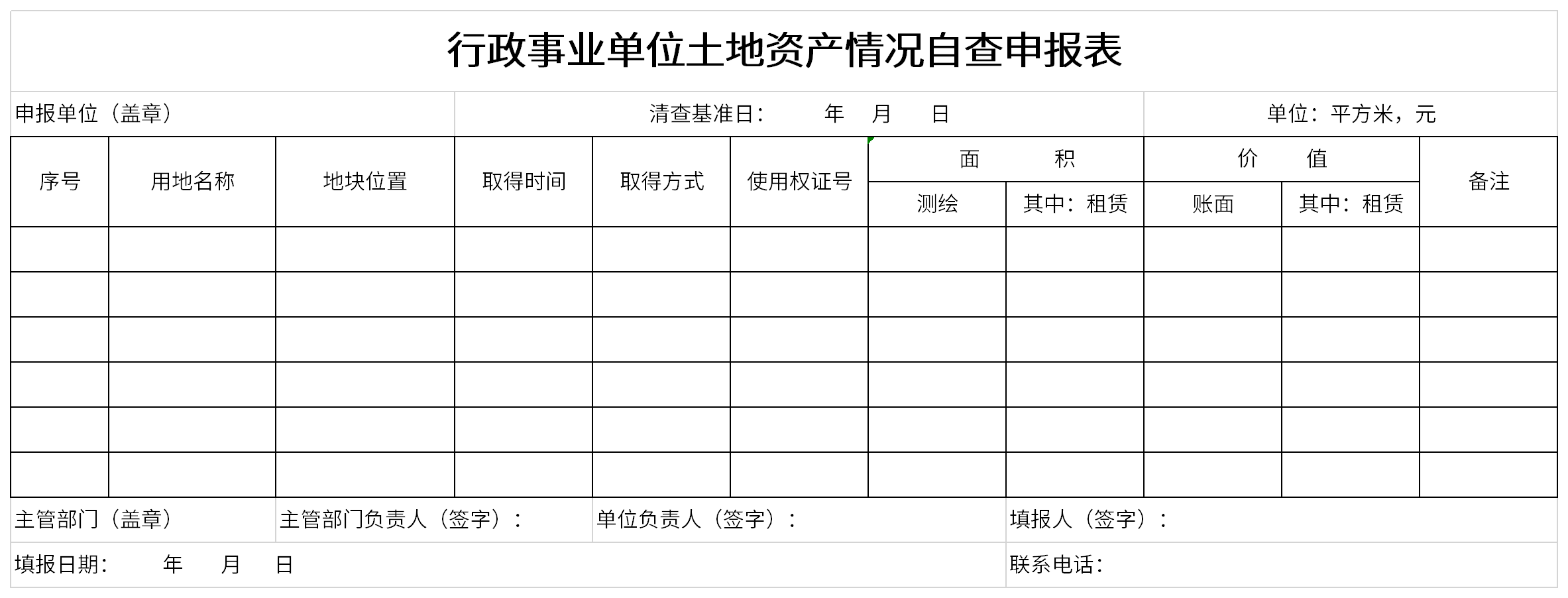 Screenshot of self-inspection declaration form for land assets of administrative institutions