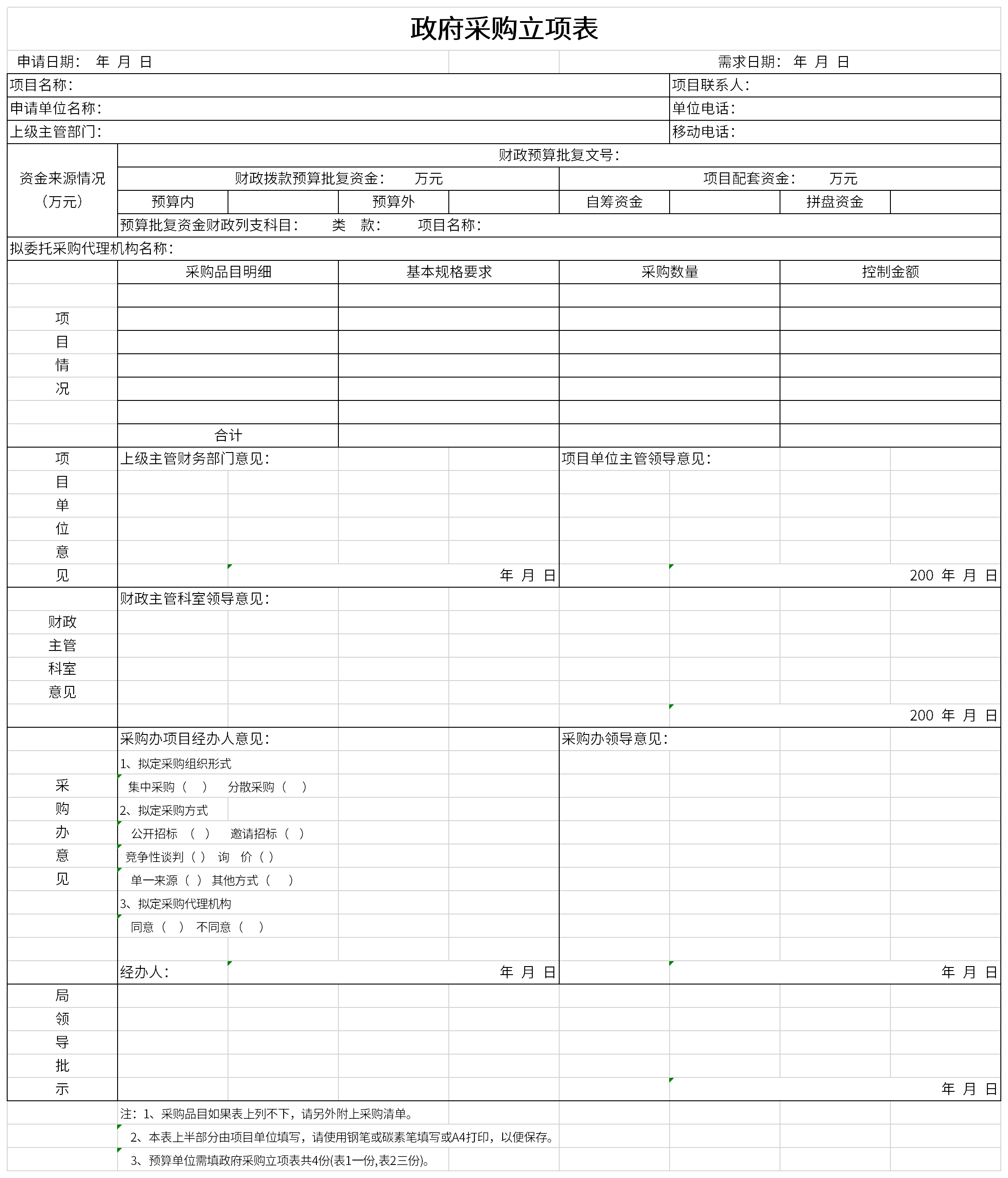 Screenshot of government procurement project application form