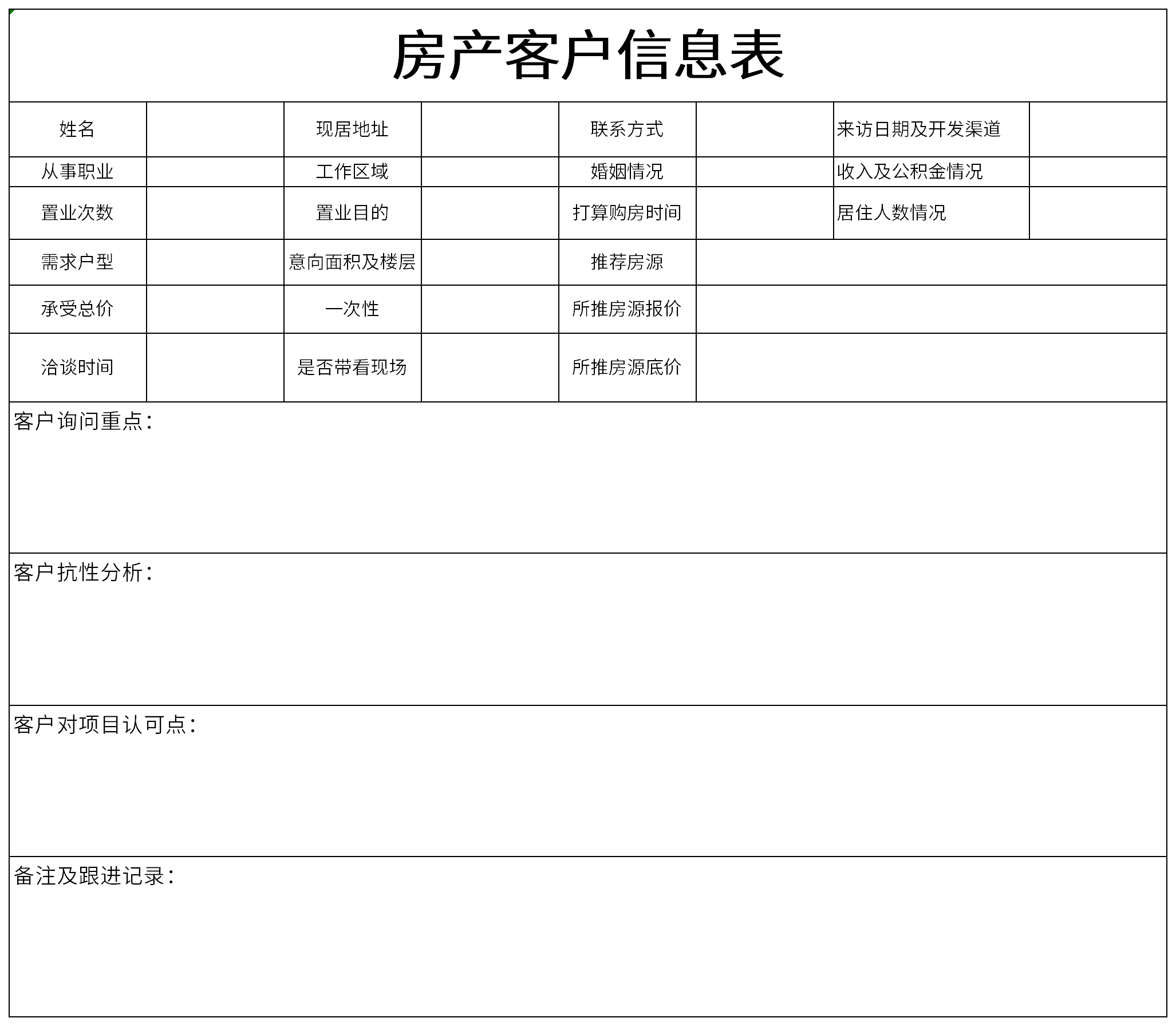 Screenshot of real estate customer information form