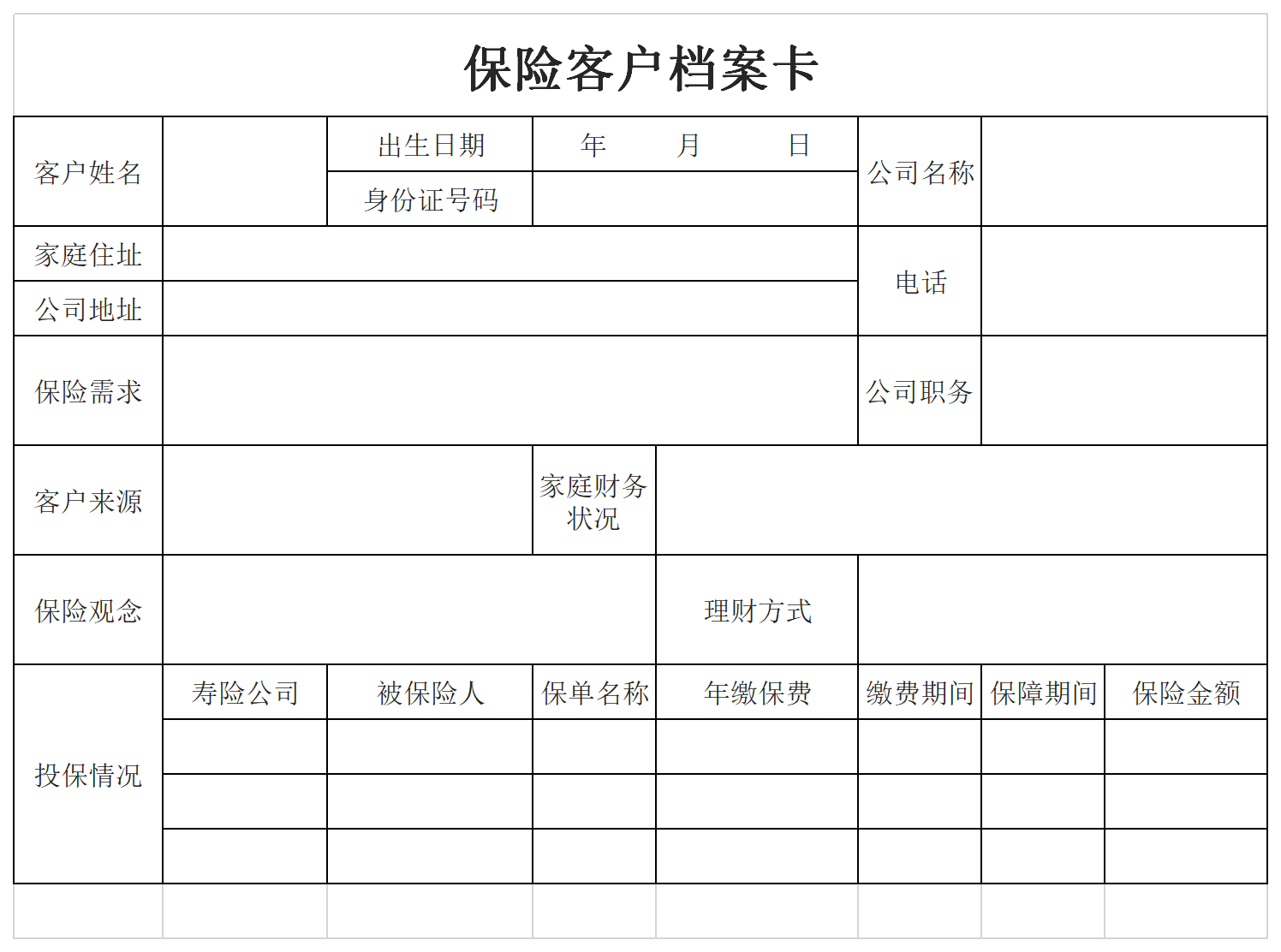 Insurance customer file card screenshot