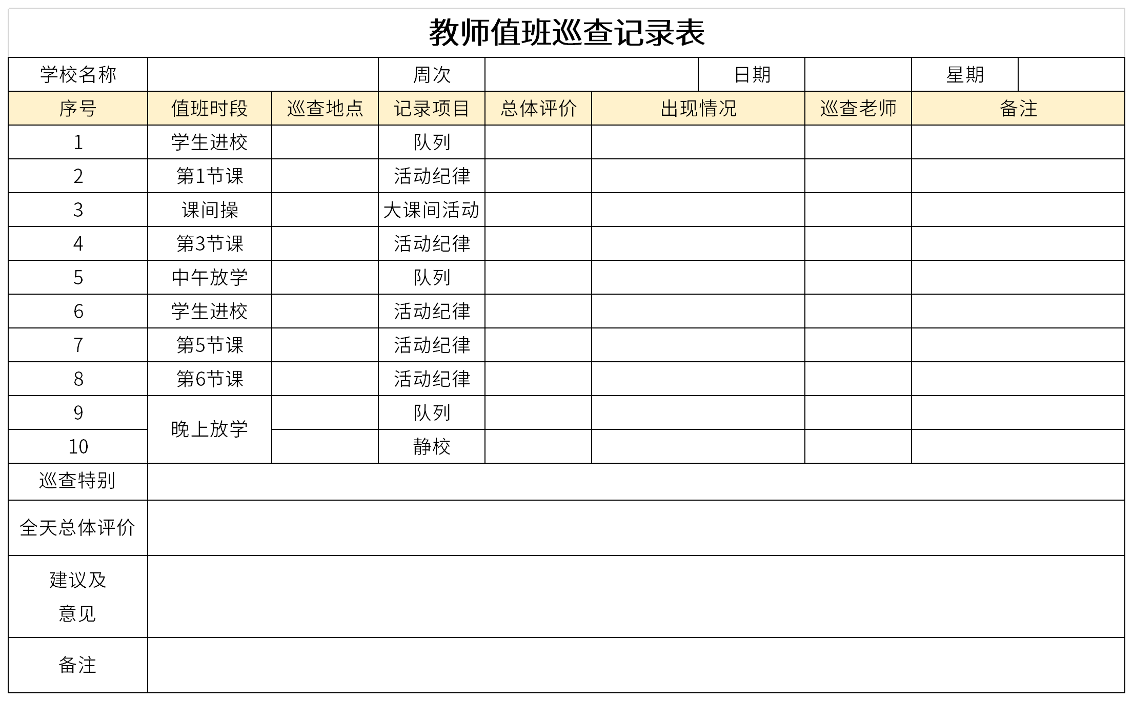 Screenshot of teacher’s duty inspection record sheet