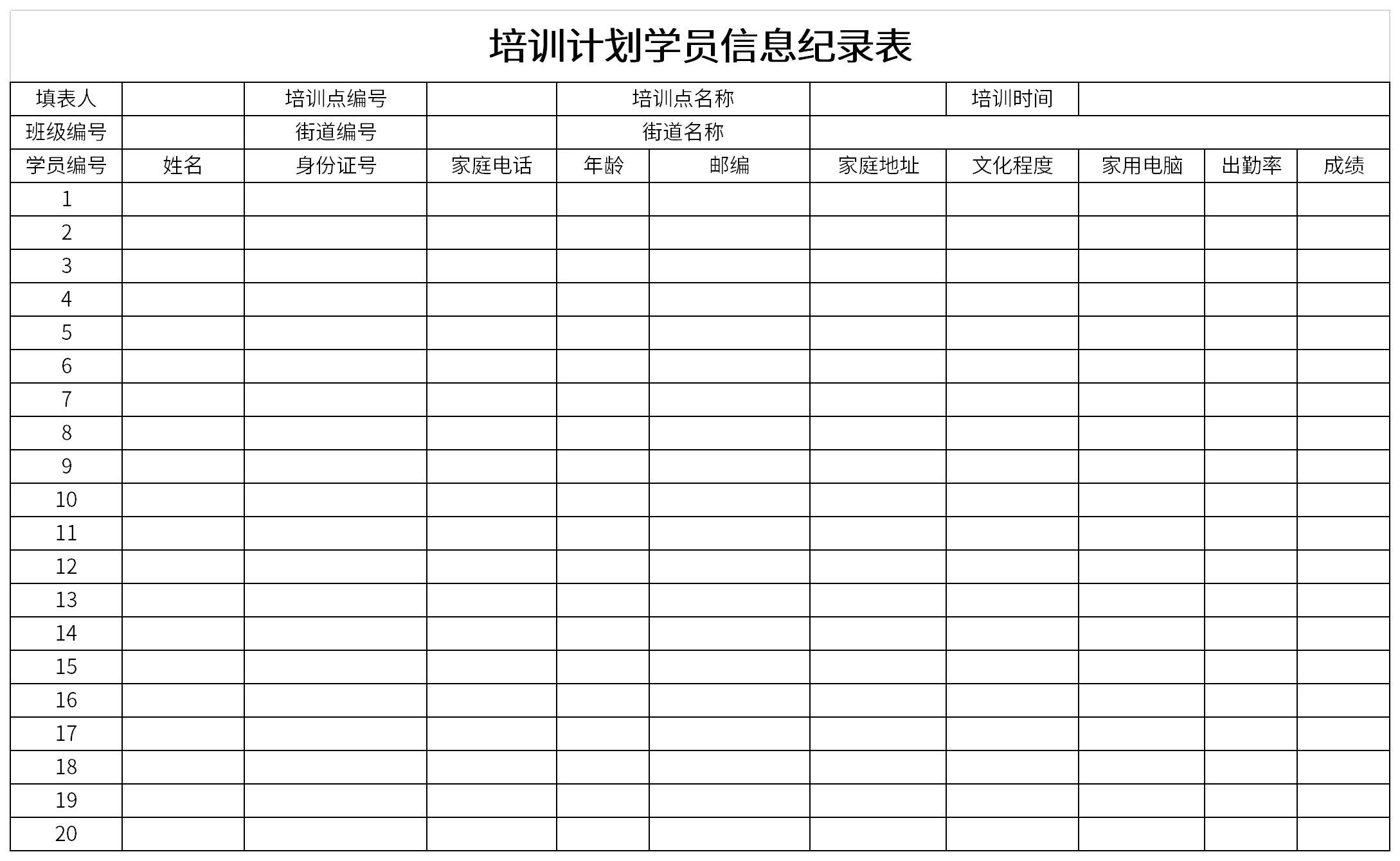 Screenshot of training plan student information record form