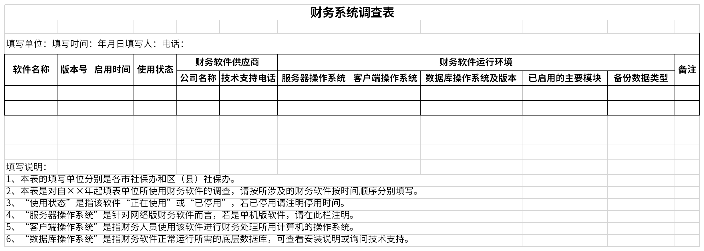 Screenshot of financial system questionnaire