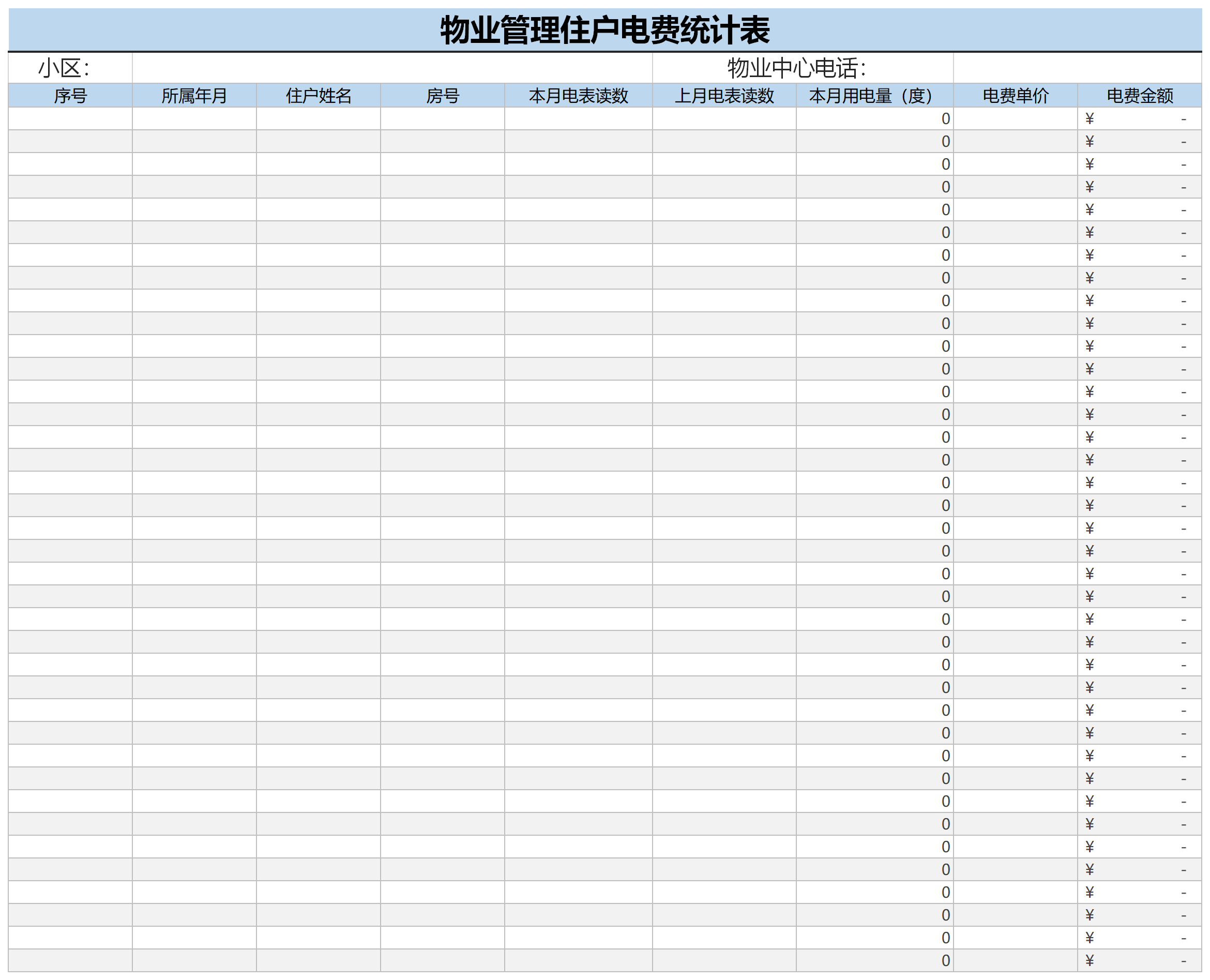 Screenshot of property management household electricity bill statistics table