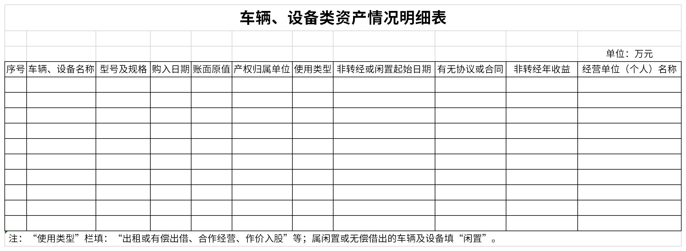 Screenshot of the detailed list of vehicles and equipment assets