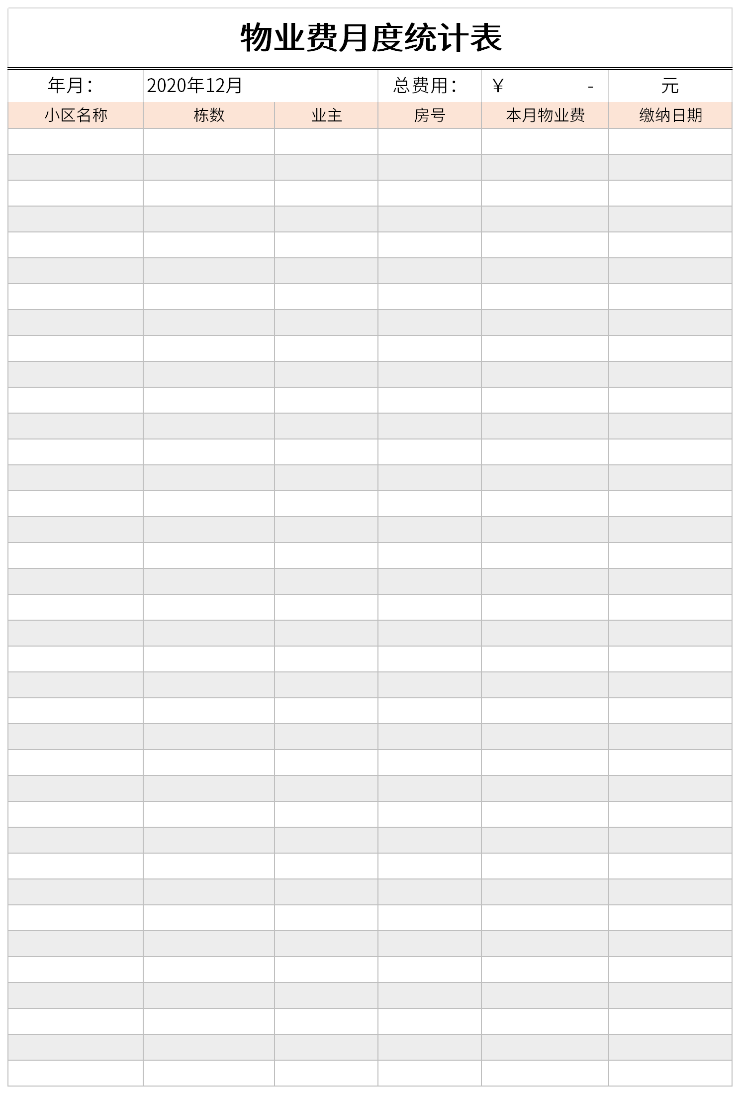 Screenshot of property fee monthly statistics table