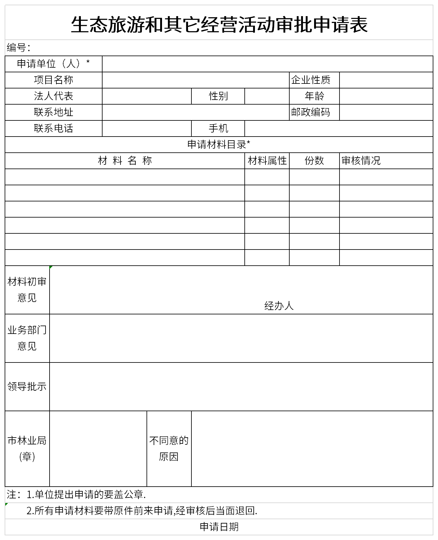 Screenshot of application form for approval of ecotourism and other business activities