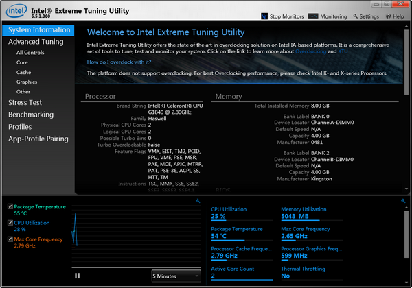 Screenshot of Intel XTU overclocking tool
