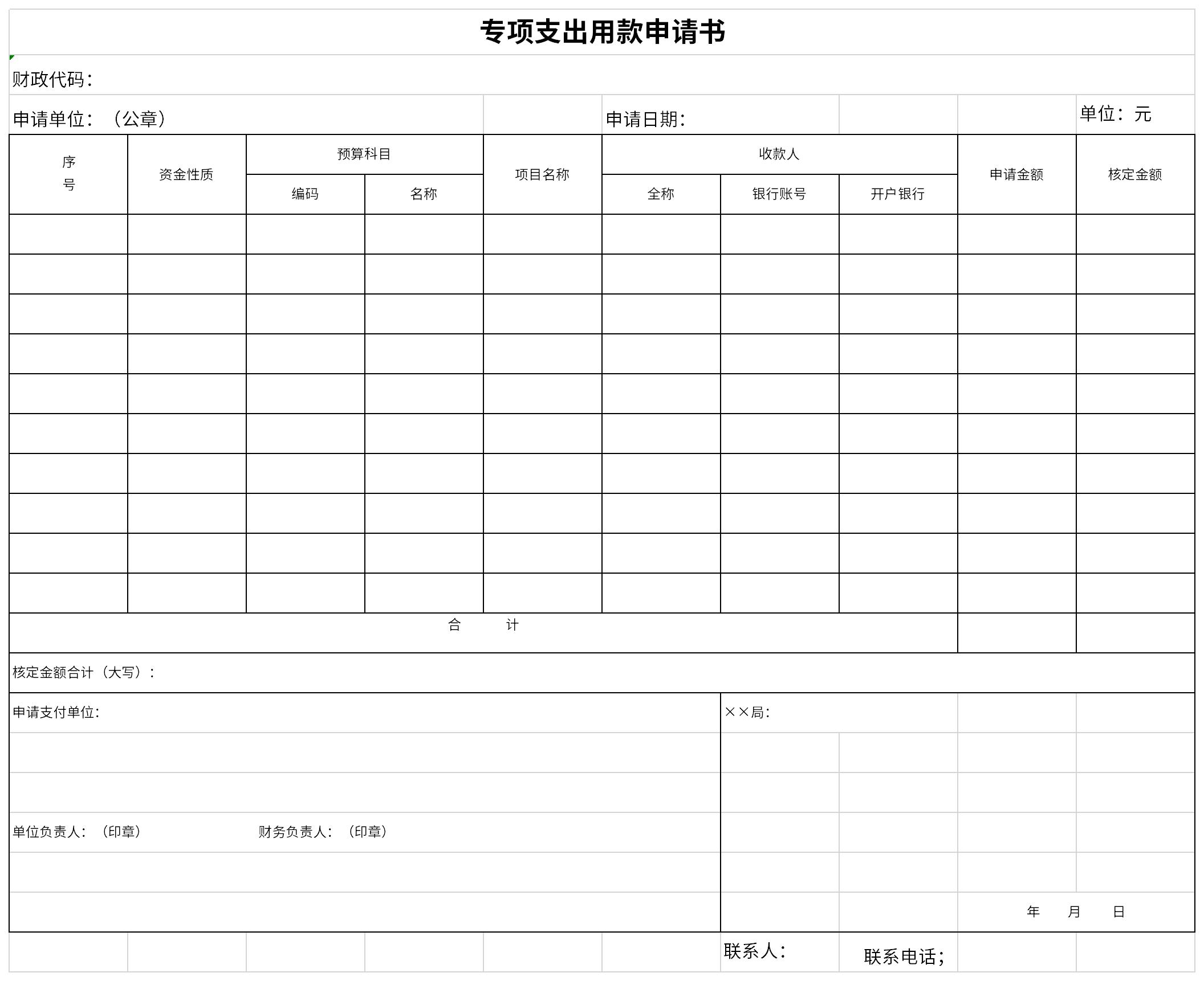 Screenshot of special expenditure application form