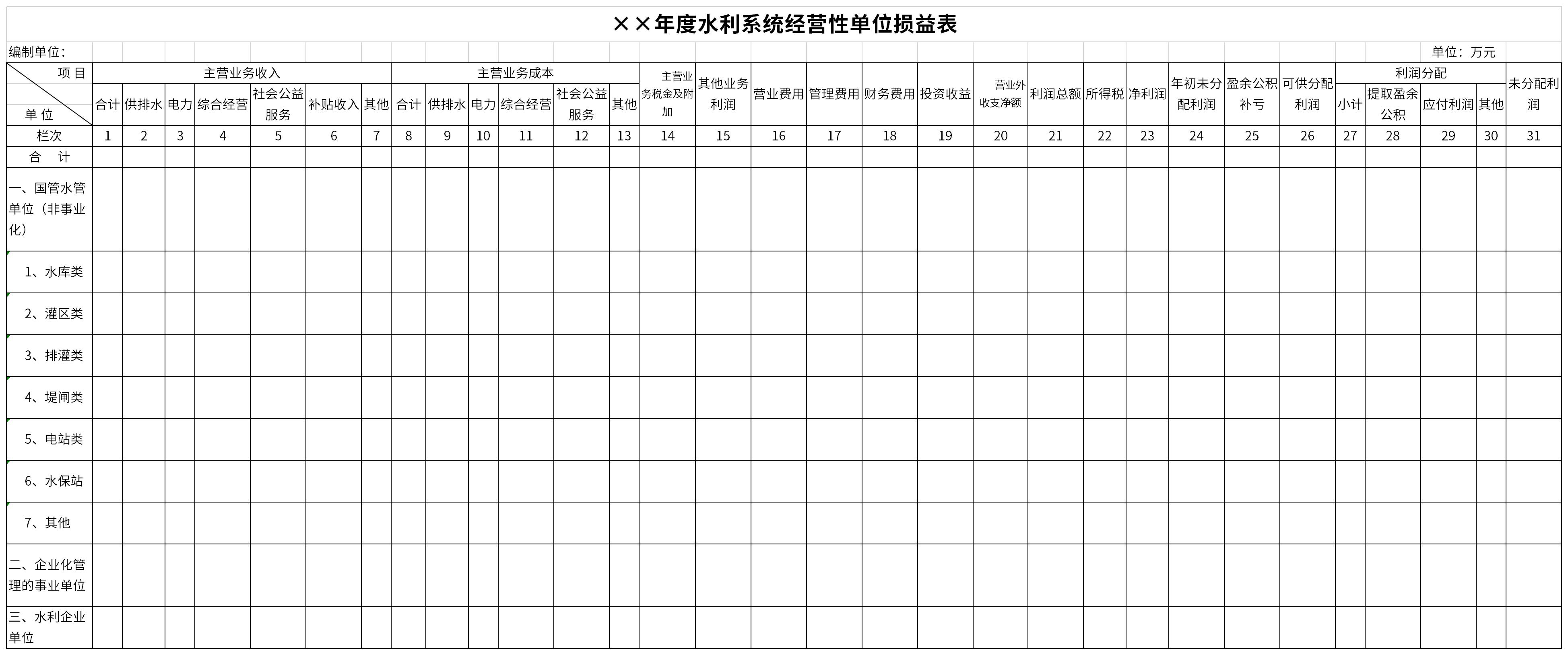 Screenshot of the profit and loss statement of the annual water conservancy system operating unit