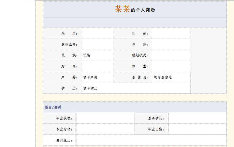 Screenshot of personal resume form