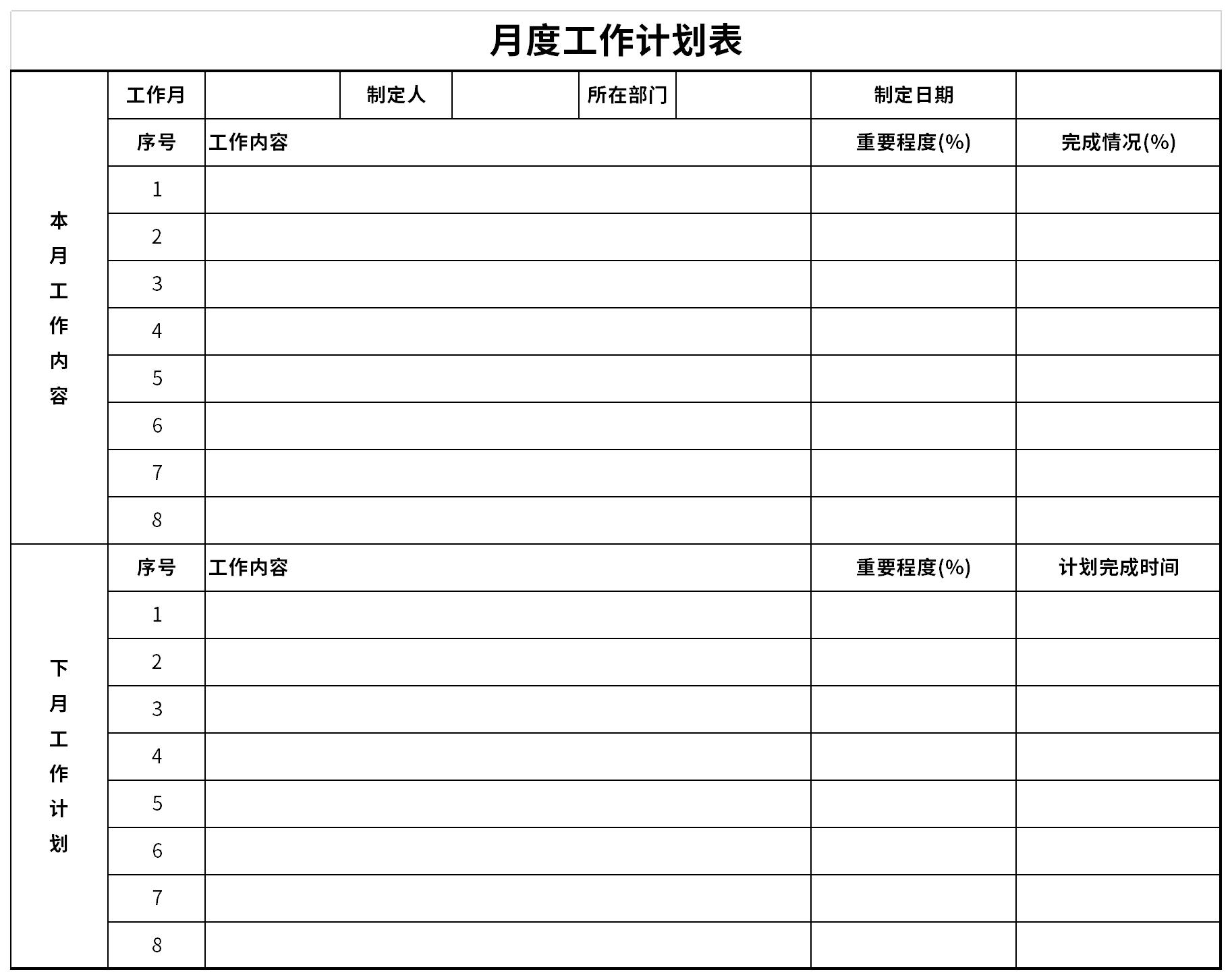 Screenshot of monthly work plan