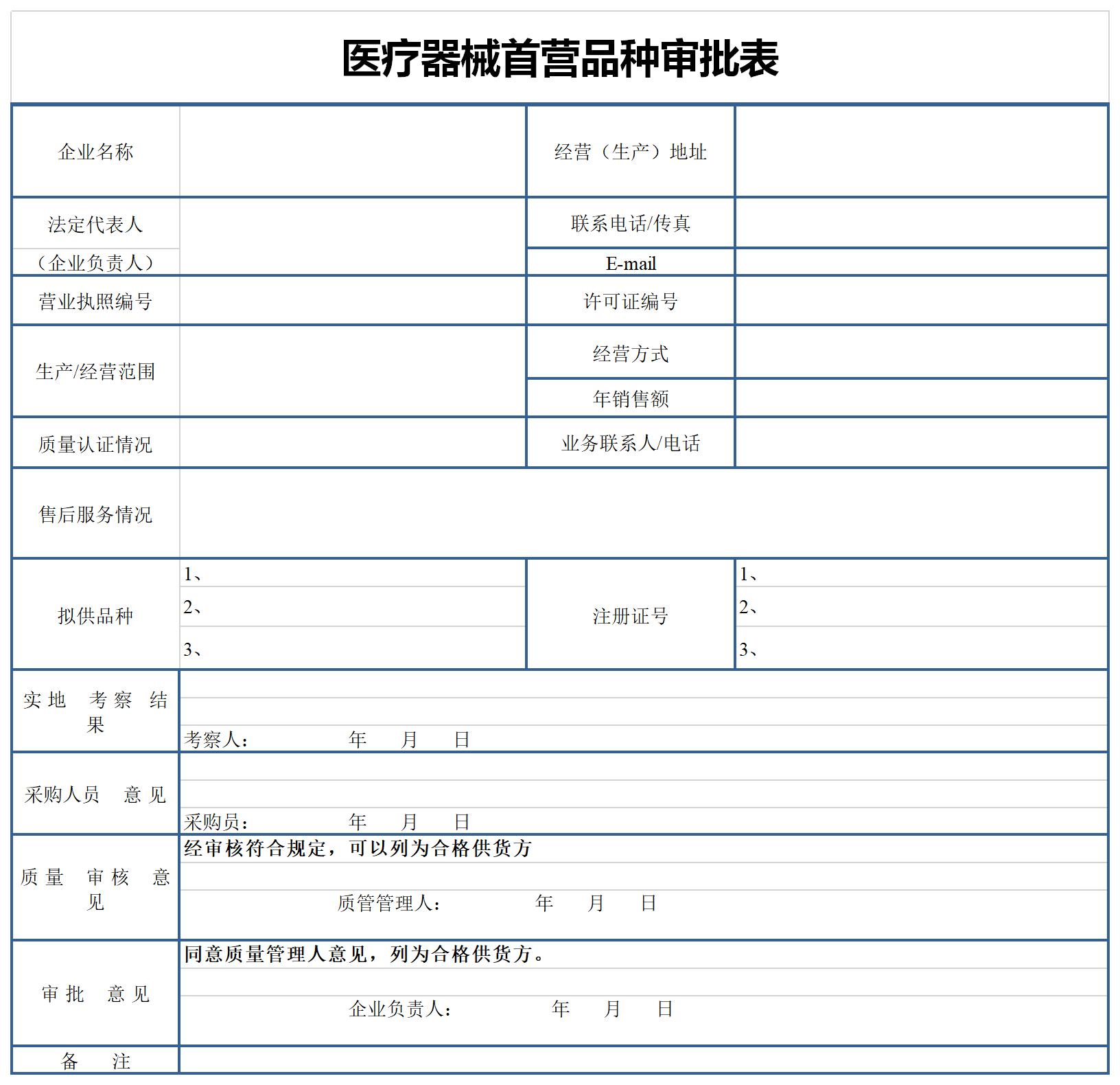 Screenshot of Medical Device First Business Variety Approval Form