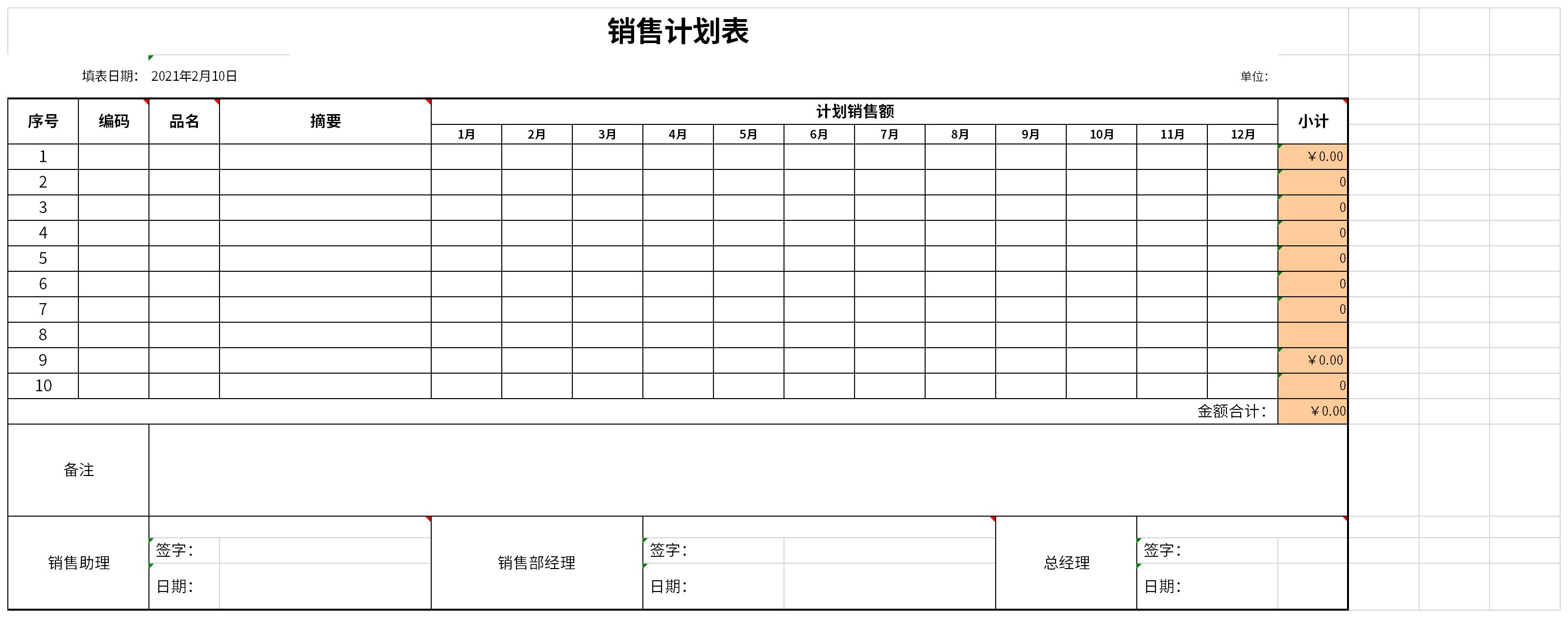 Screenshot of sales plan