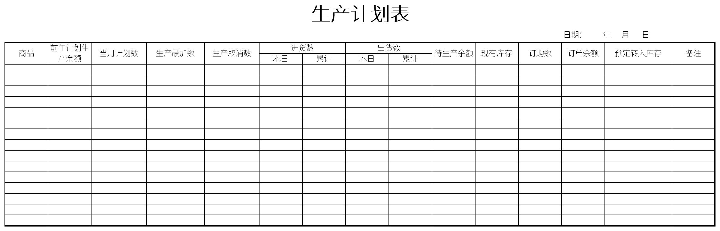 Production schedule template screenshot