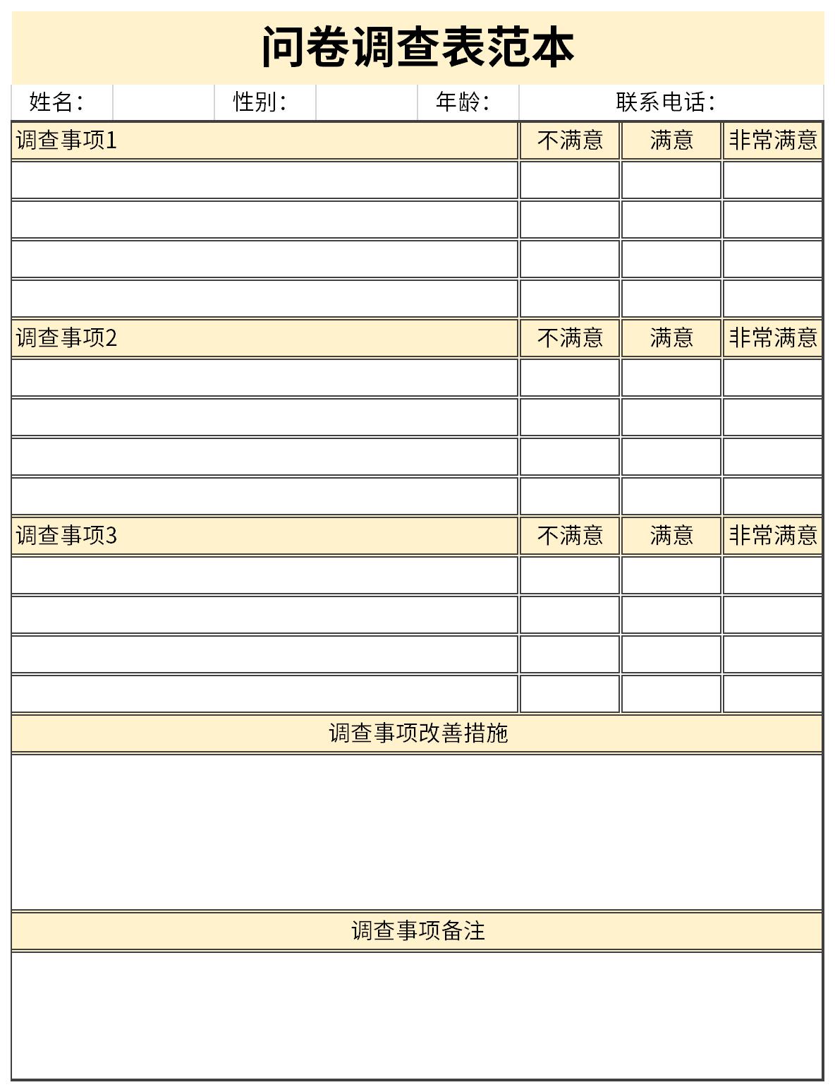 Screenshot of questionnaire template