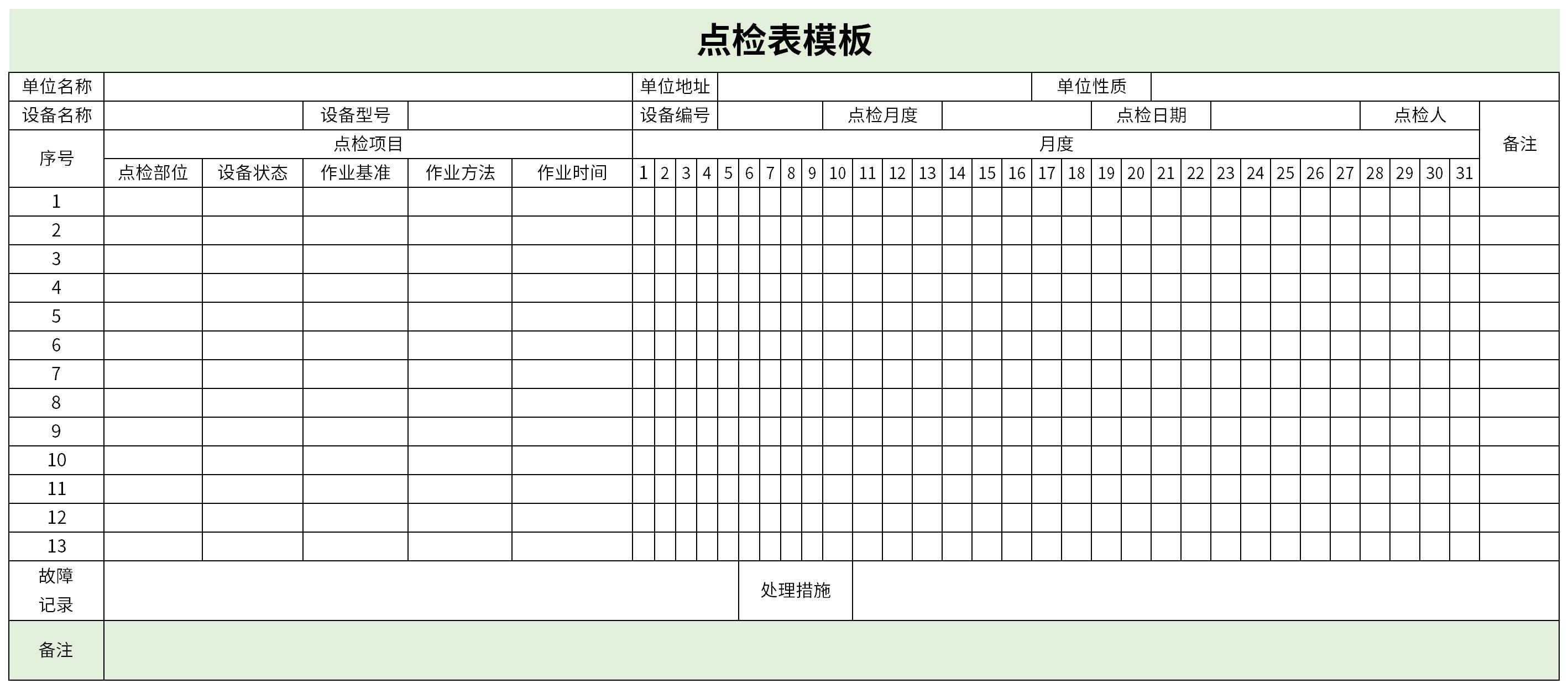 Screenshot of inspection form template