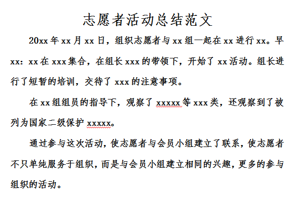 Screenshot of volunteer activity summary sample