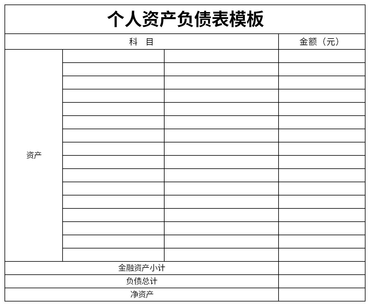 Personal balance sheet template screenshot