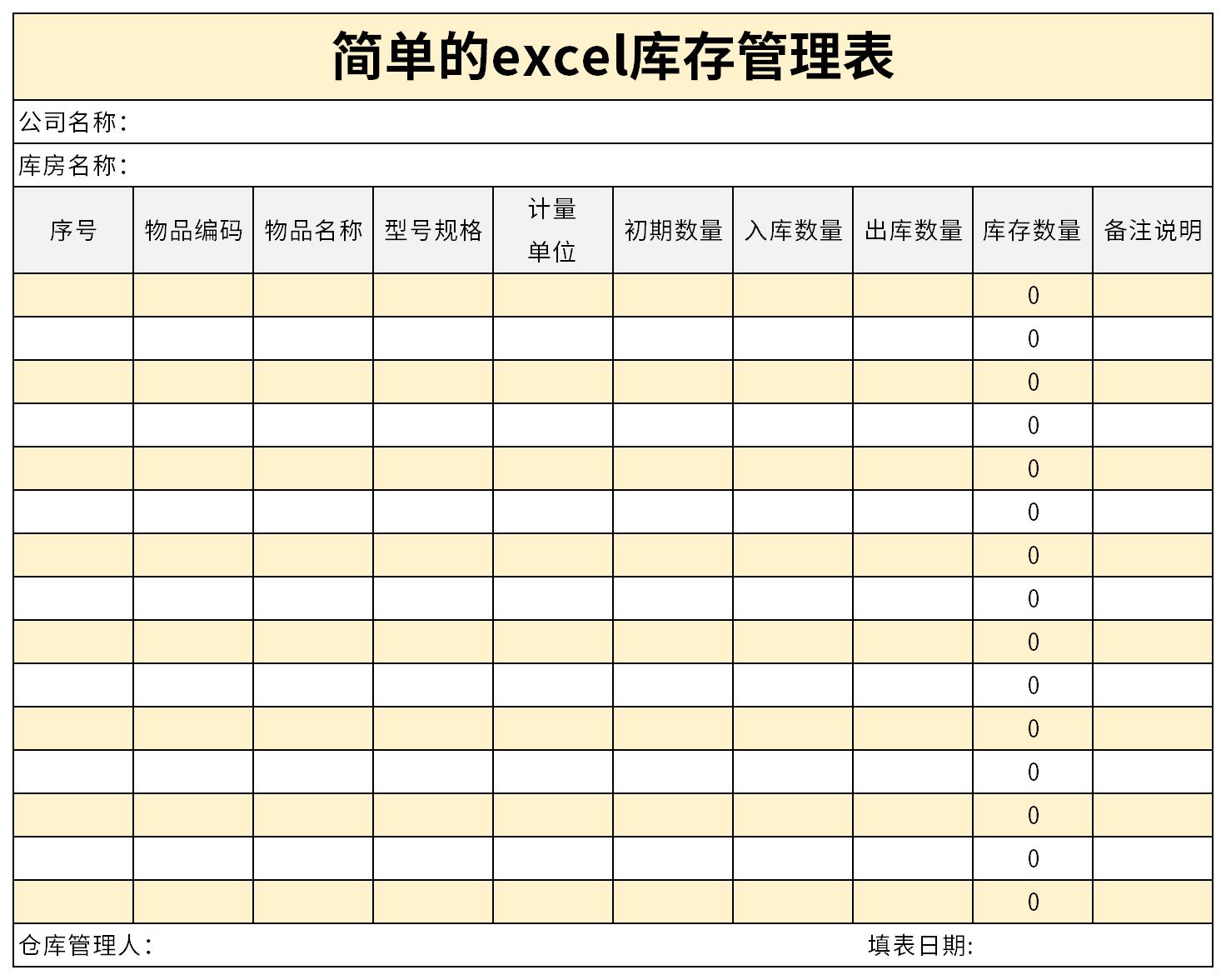 Screenshot of simple excel inventory management table