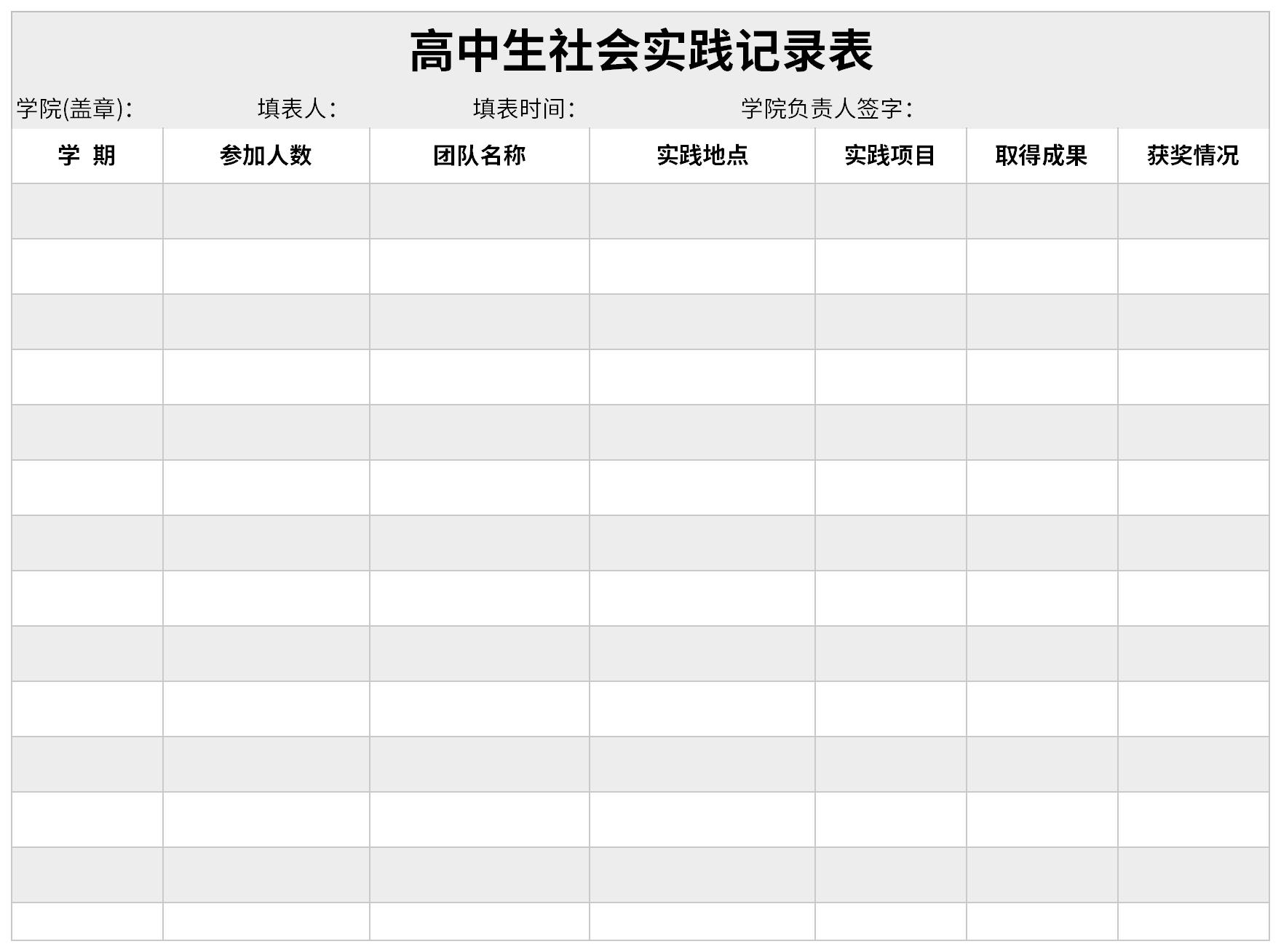 Screenshot of social practice record form for high school students