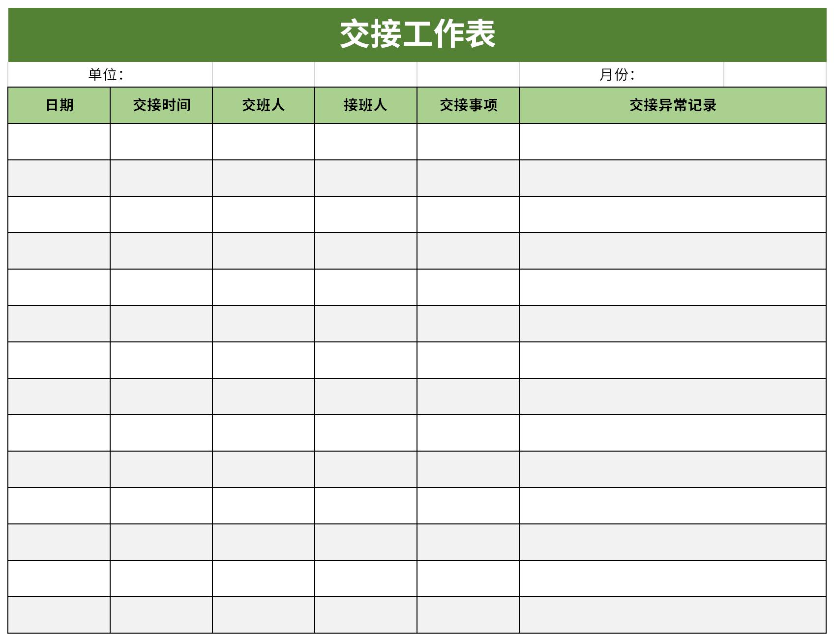 Screenshot of handover worksheet