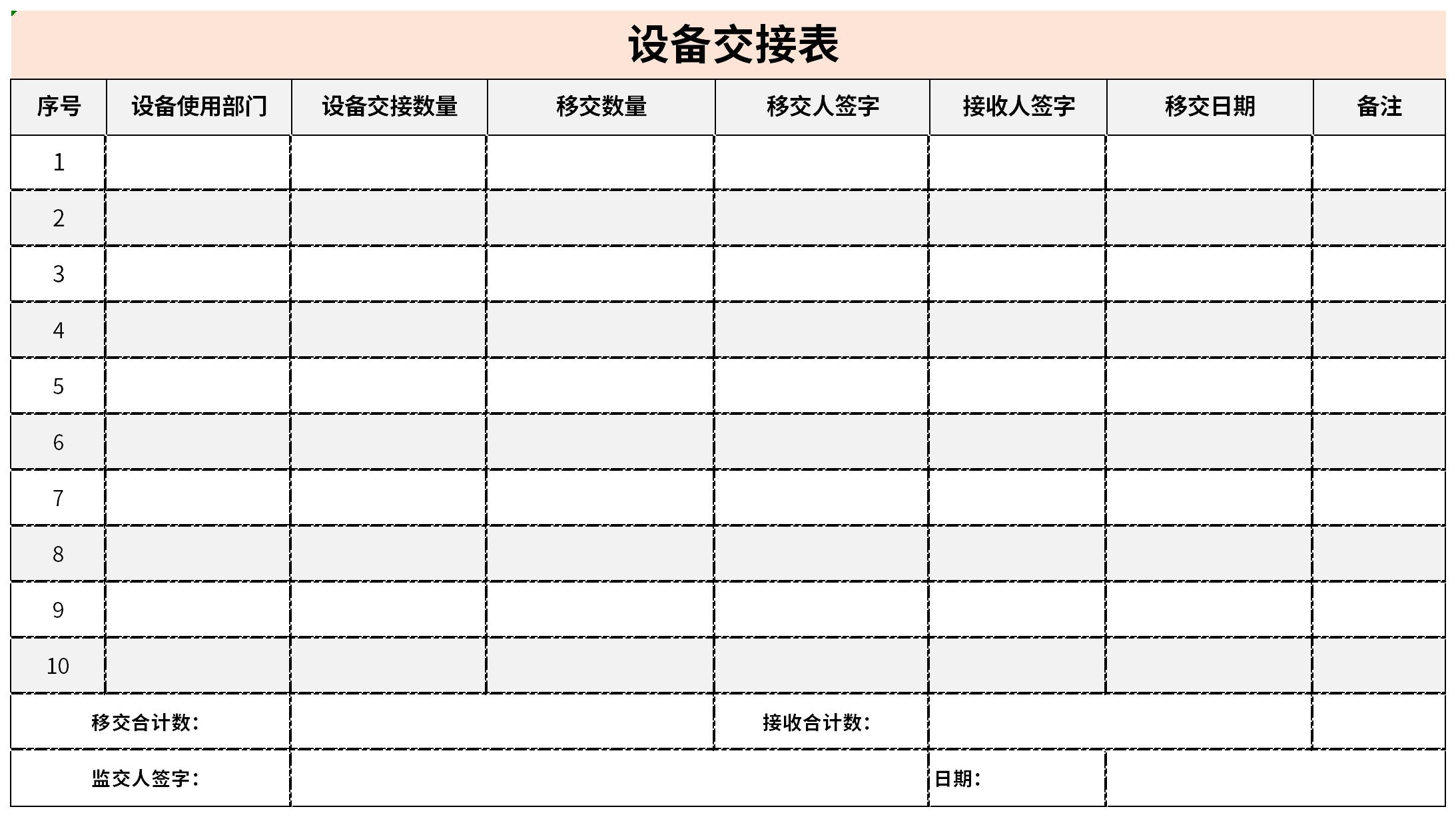 Screenshot of equipment handover form