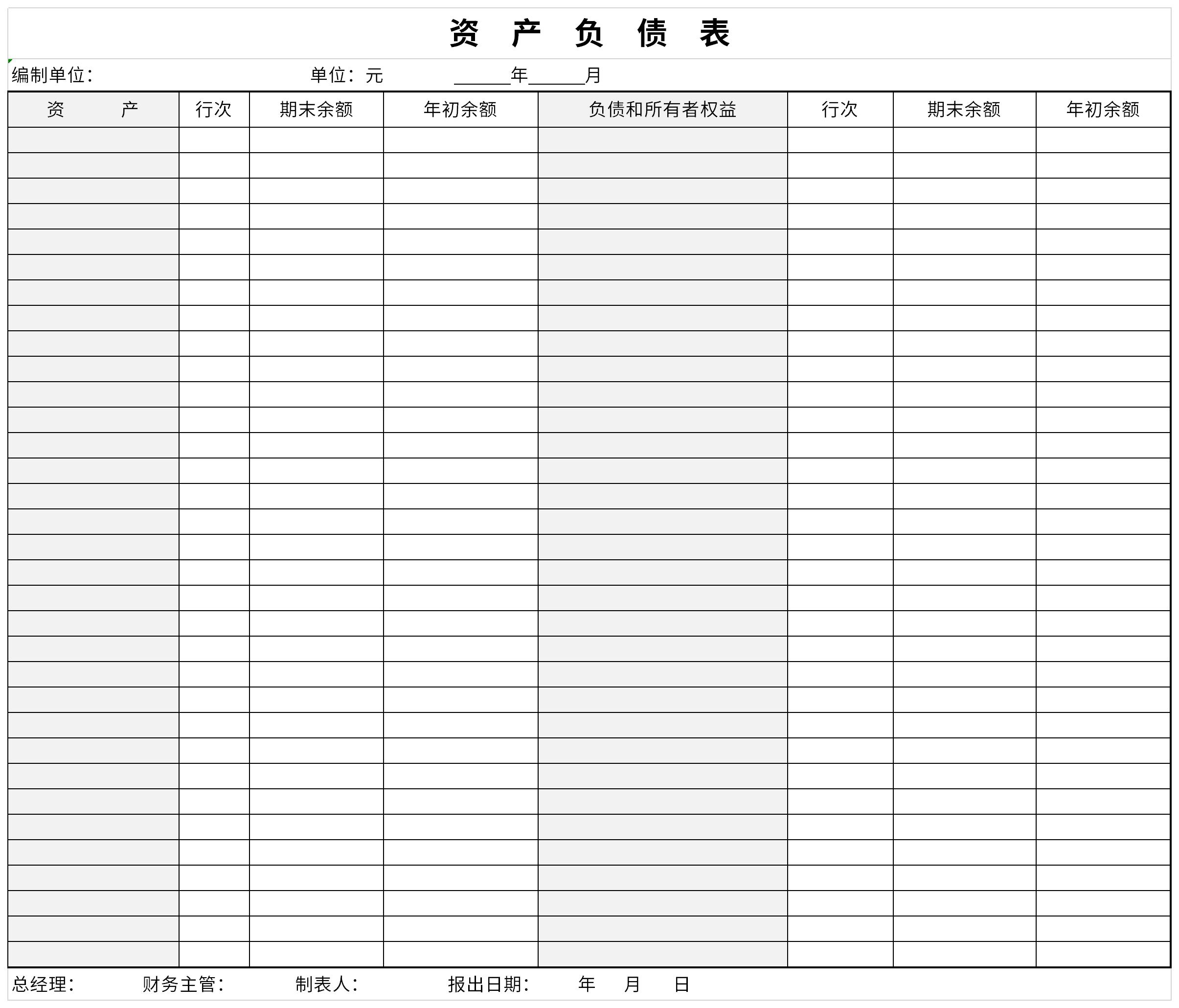 Asset -liability table Excel screenshot