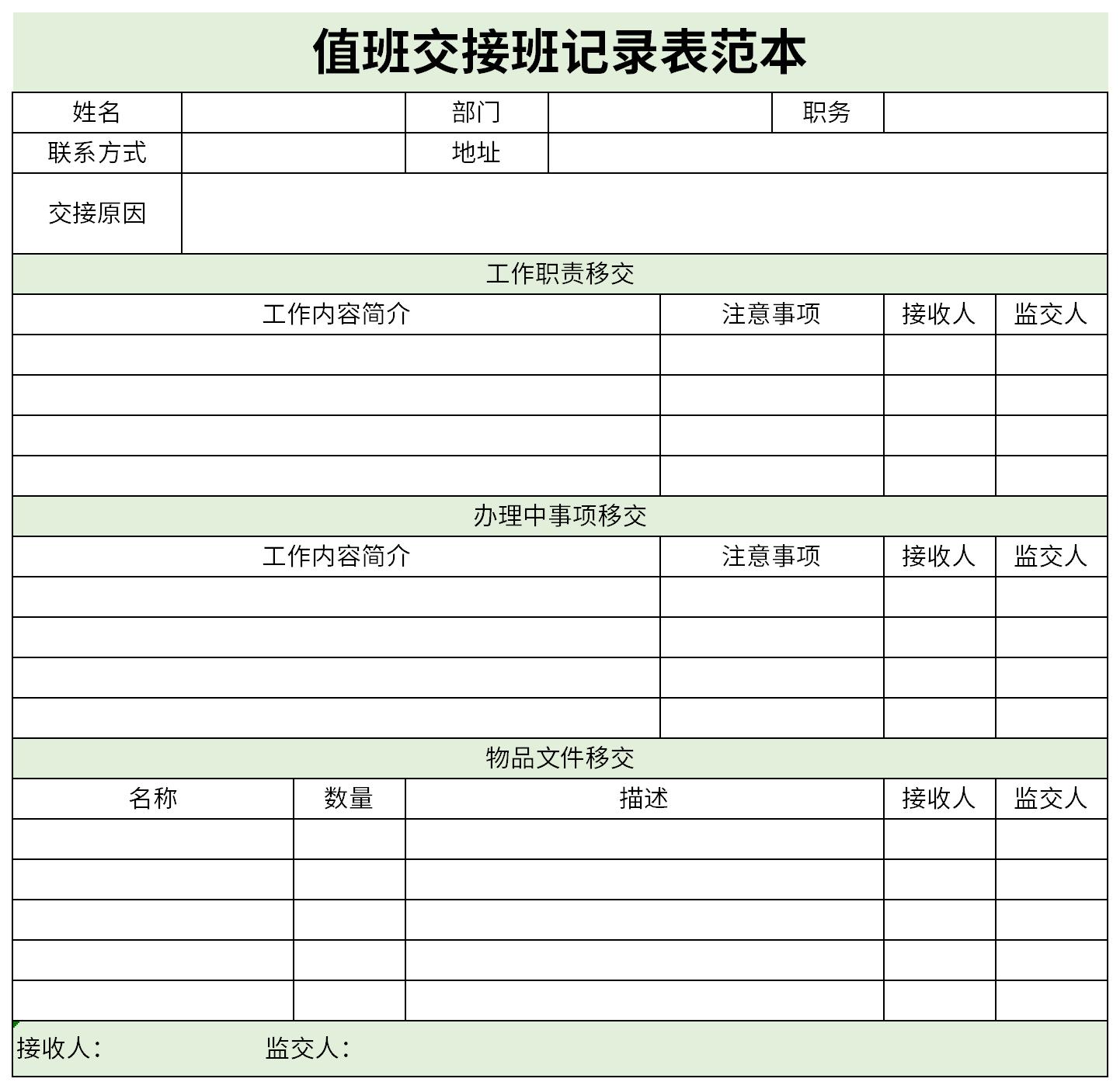 Screenshot of duty handover record form template