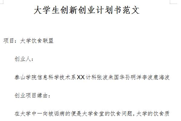 Screenshot of sample innovation and entrepreneurship plan for college students