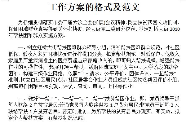 Format of work plan and sample screenshots