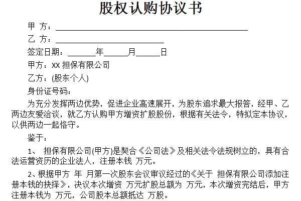 Screenshot of the equity subscription agreement model