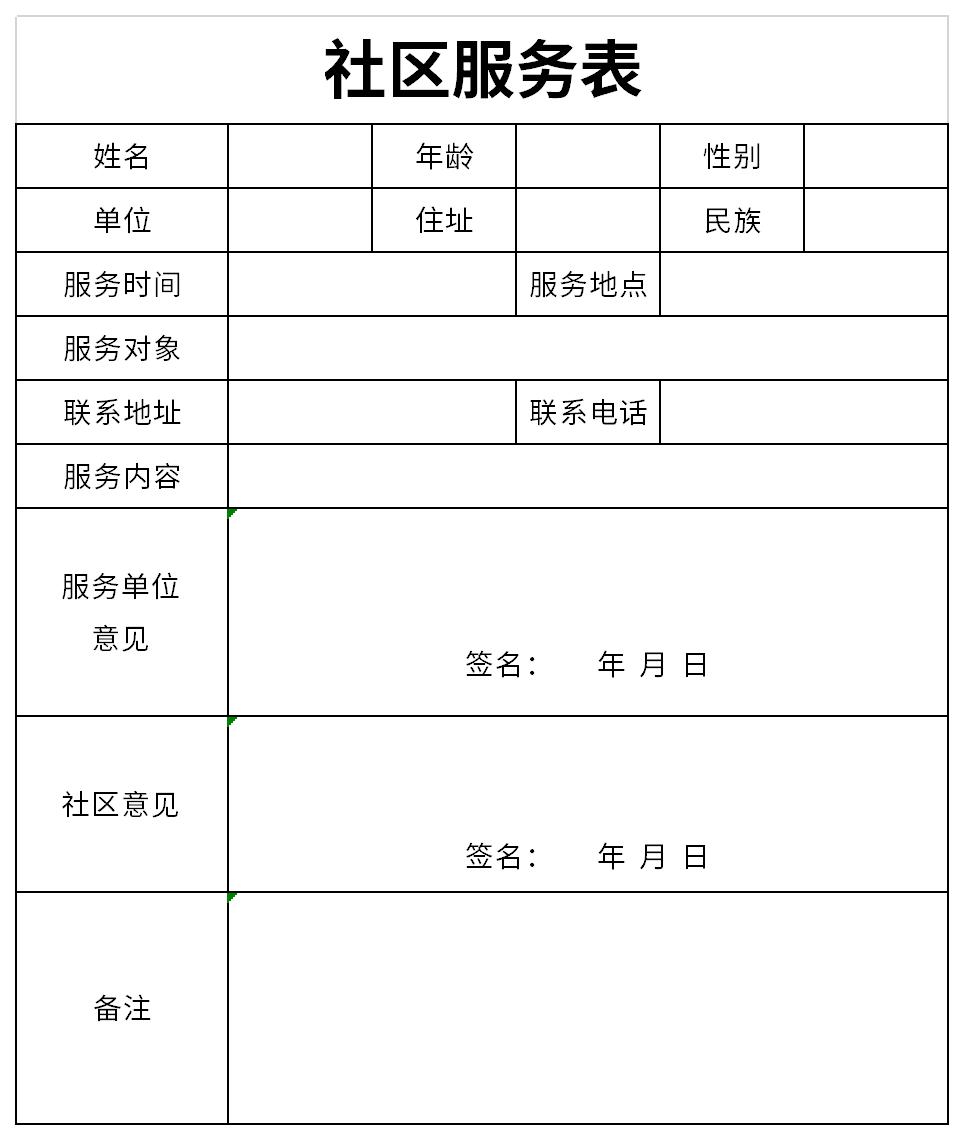 Screenshot of community service form