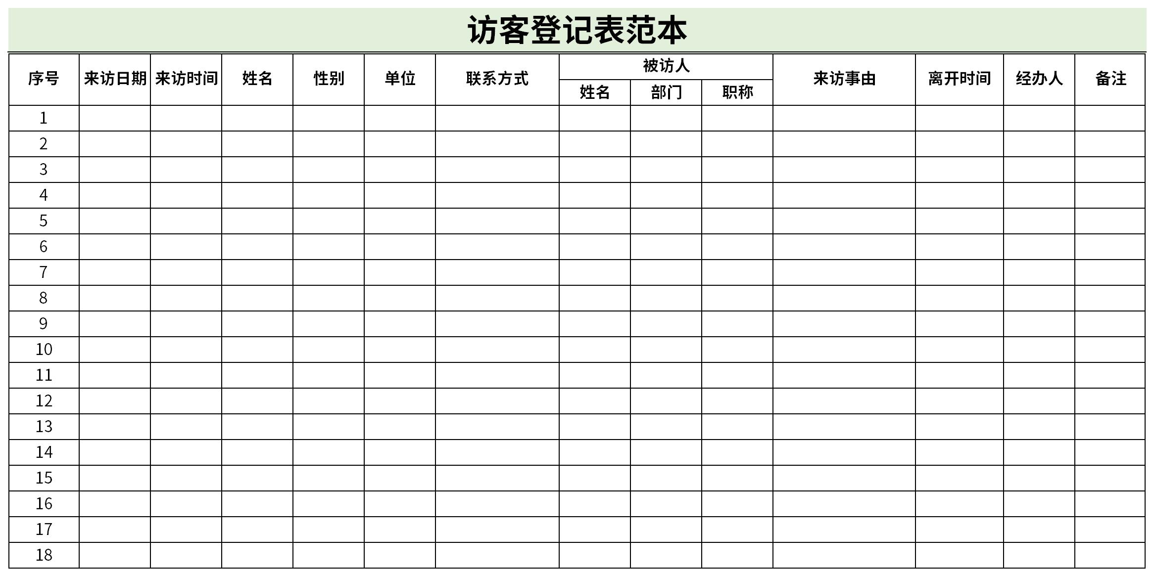 Screenshot of visitor registration form template