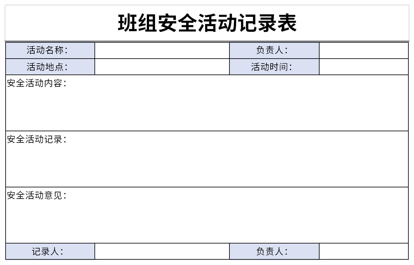 Screenshot of team safety activity record sheet