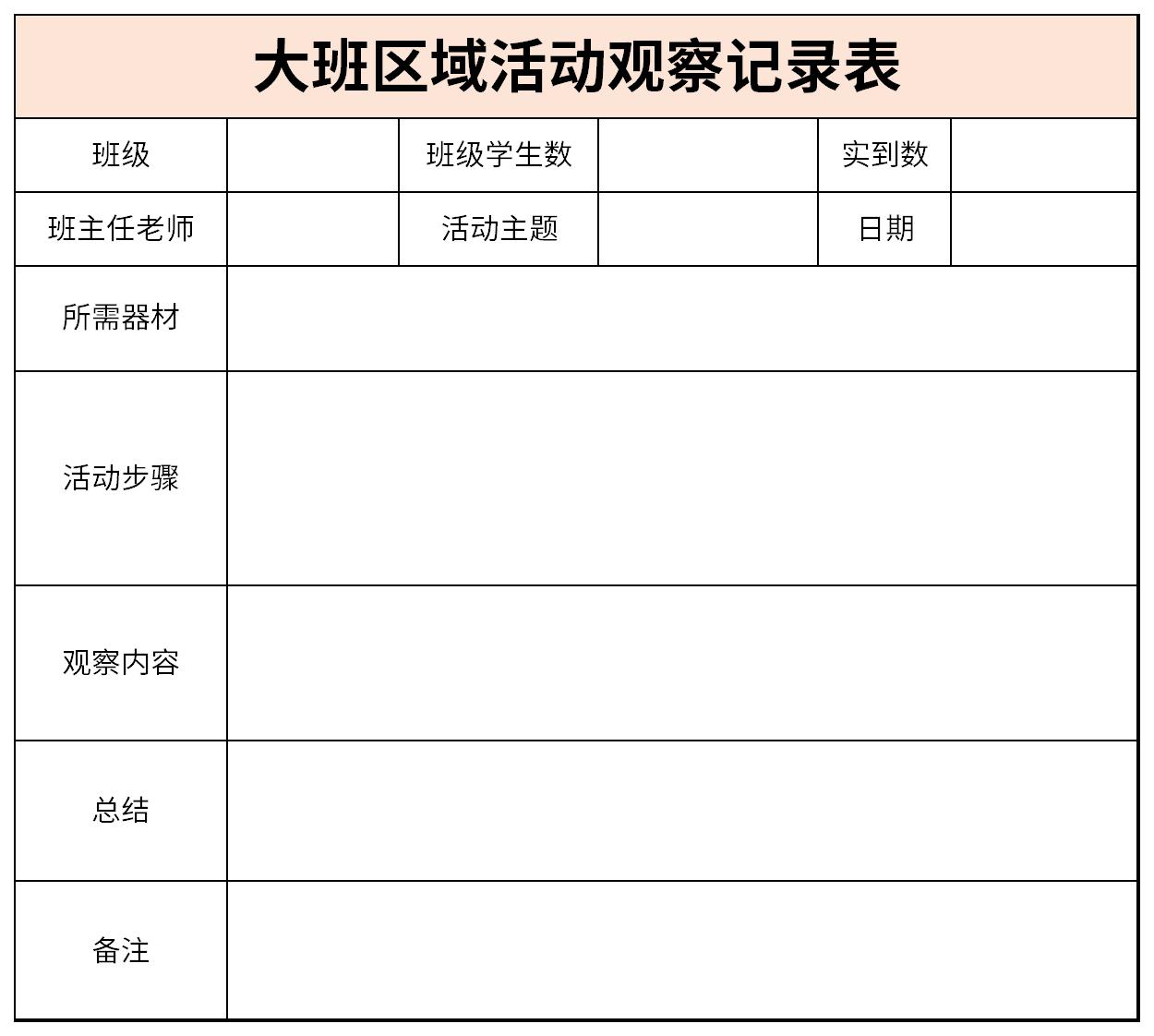 Screenshot of the activity observation record sheet for the large class area