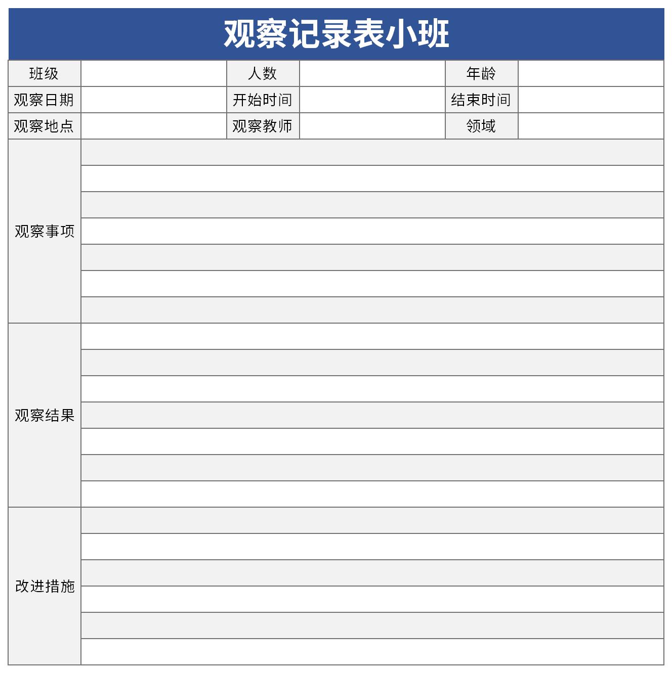 Screenshot of case observation record sheet for small class