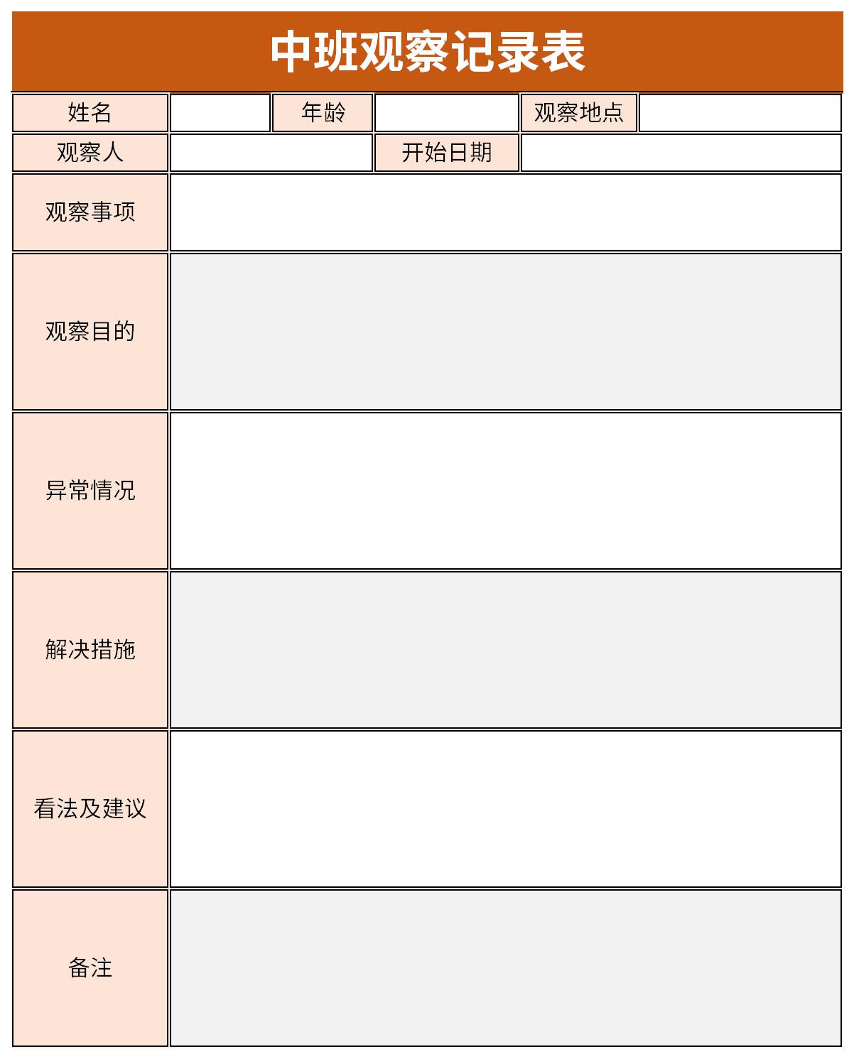 Screenshot of the Middle School Observation Record Form