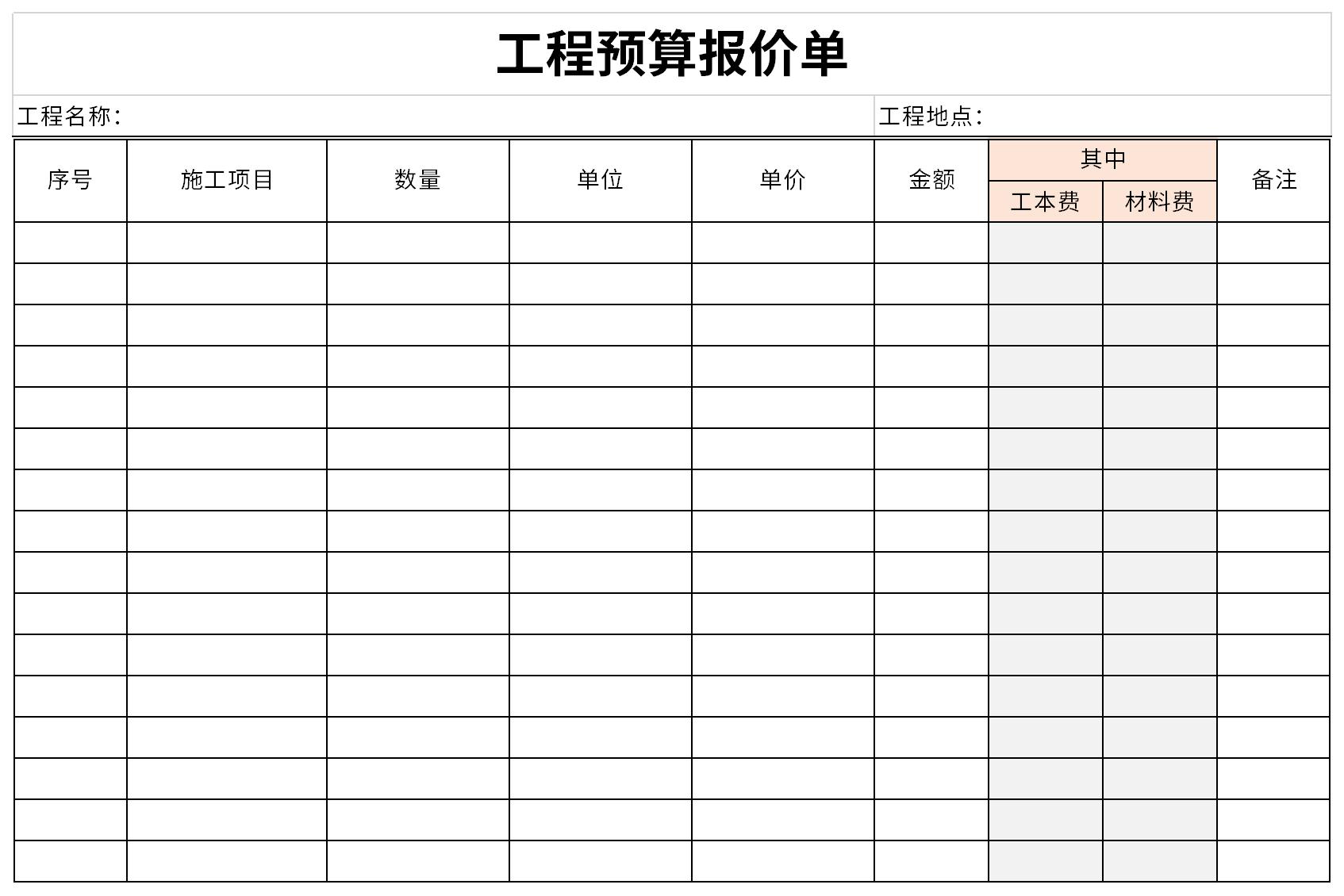 Screenshot of the project budget quotation