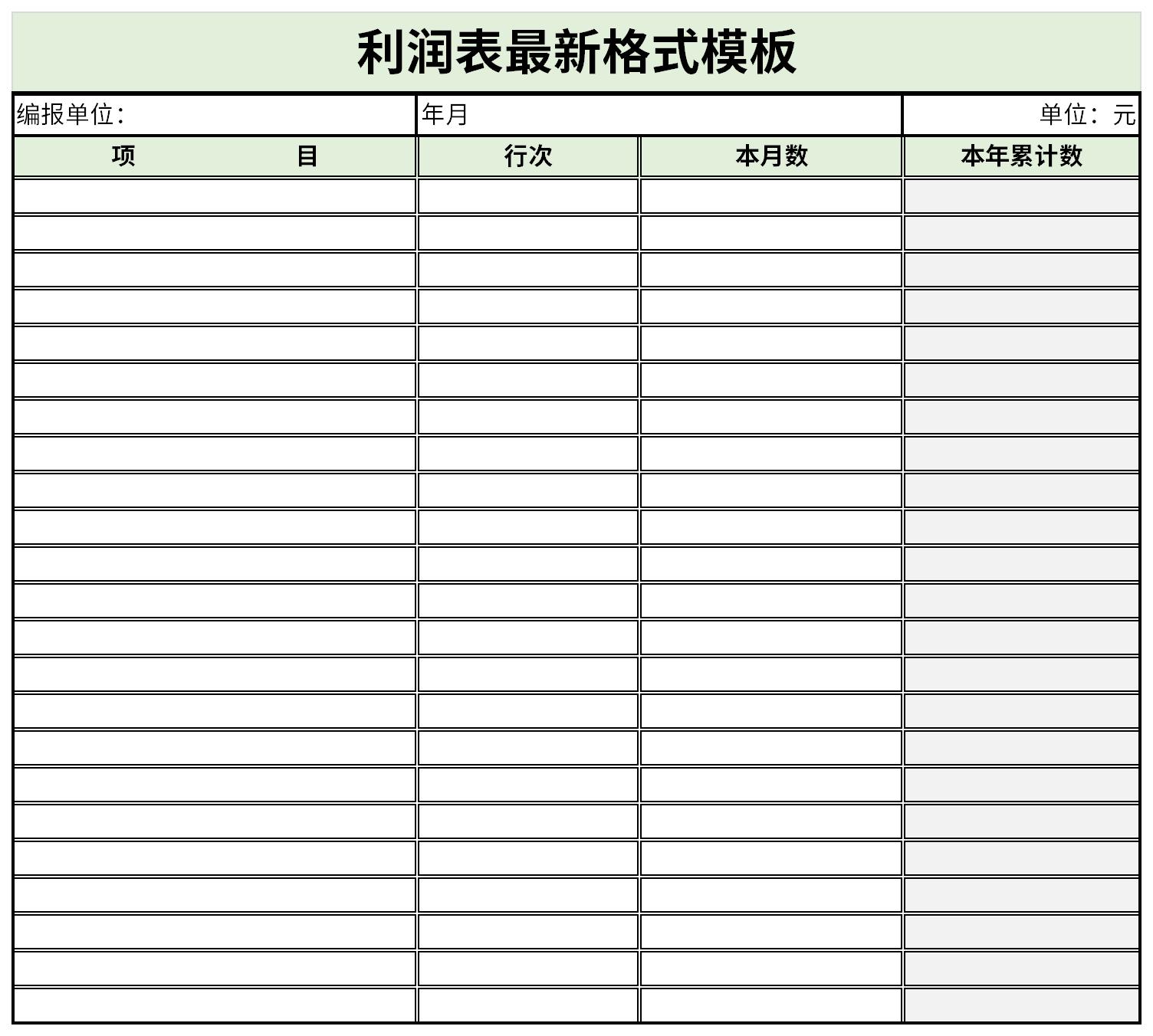 Screenshot of the latest format template of the income statement