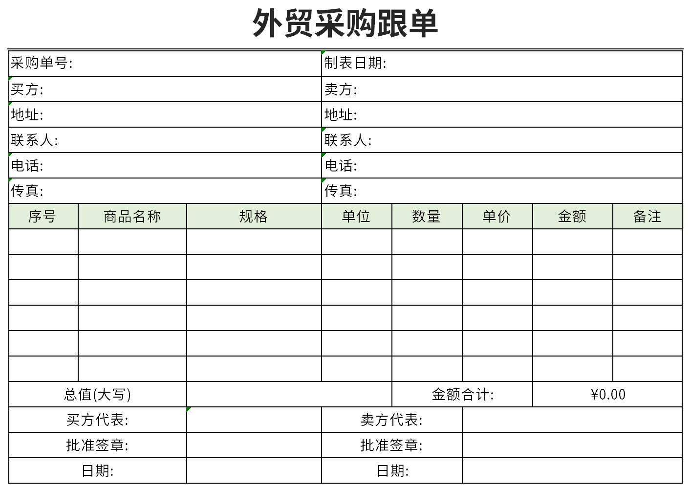 Screenshot of foreign trade purchasing order