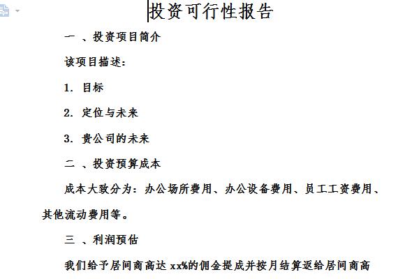 Screenshot of investment feasibility study report